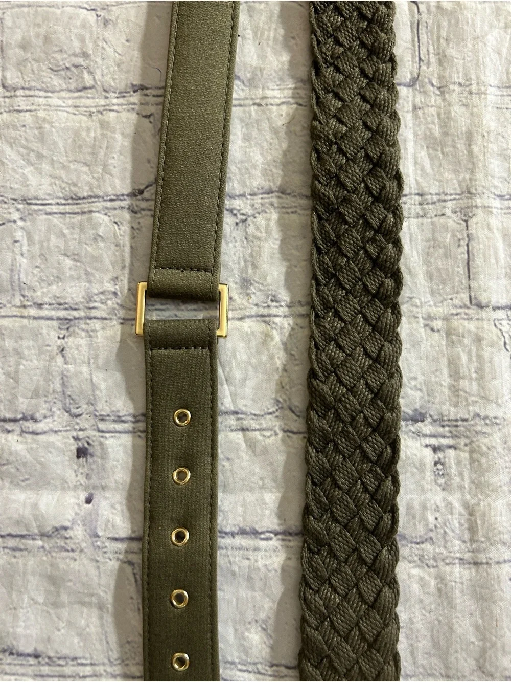 OLIVE GREEN WOVEN AND OLIVE GREEN WITH GOLD TONE HARDWARE (2) BELTS
